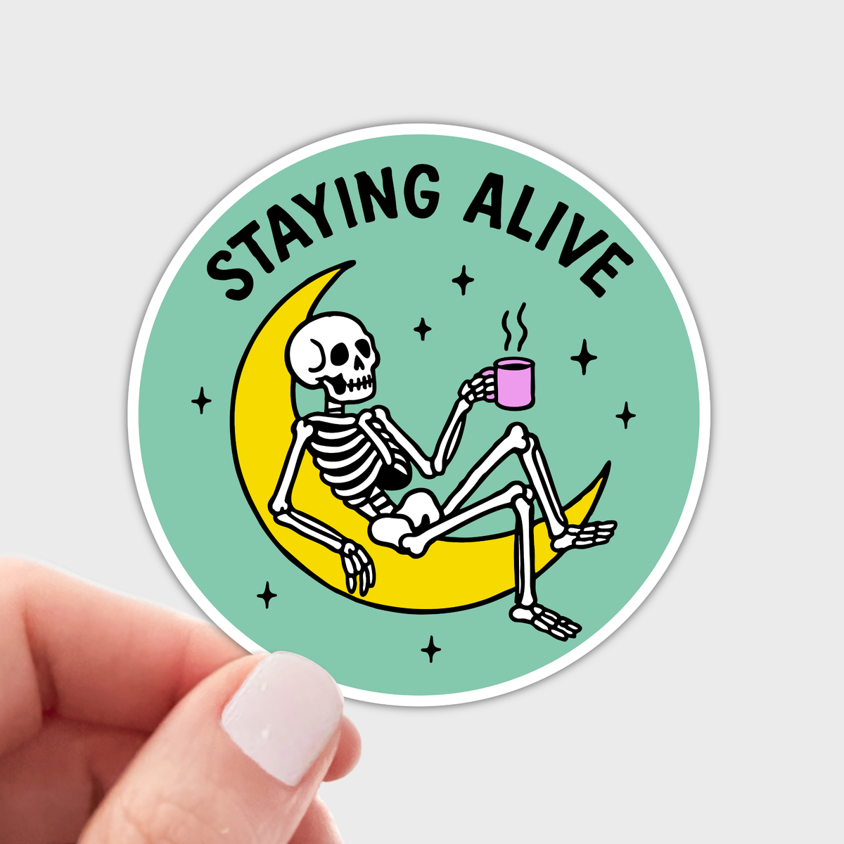 Staying Alive Sticker - coffee shop, skeleton, halloween