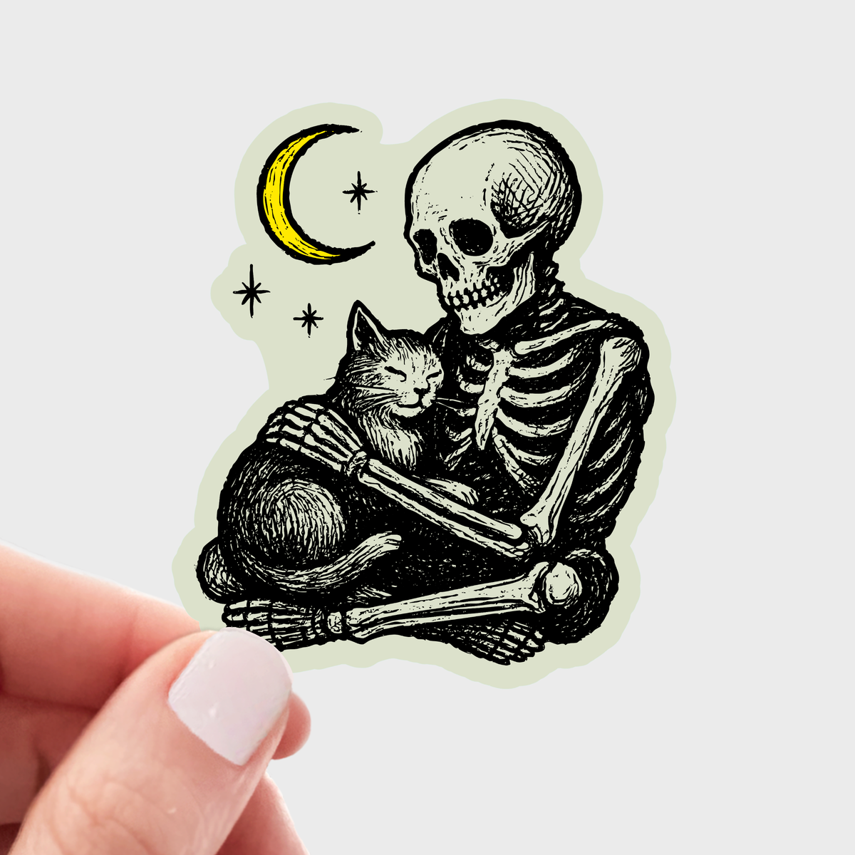 You're Safe Meow Sticker - skeleton, cat, halloween, fall
