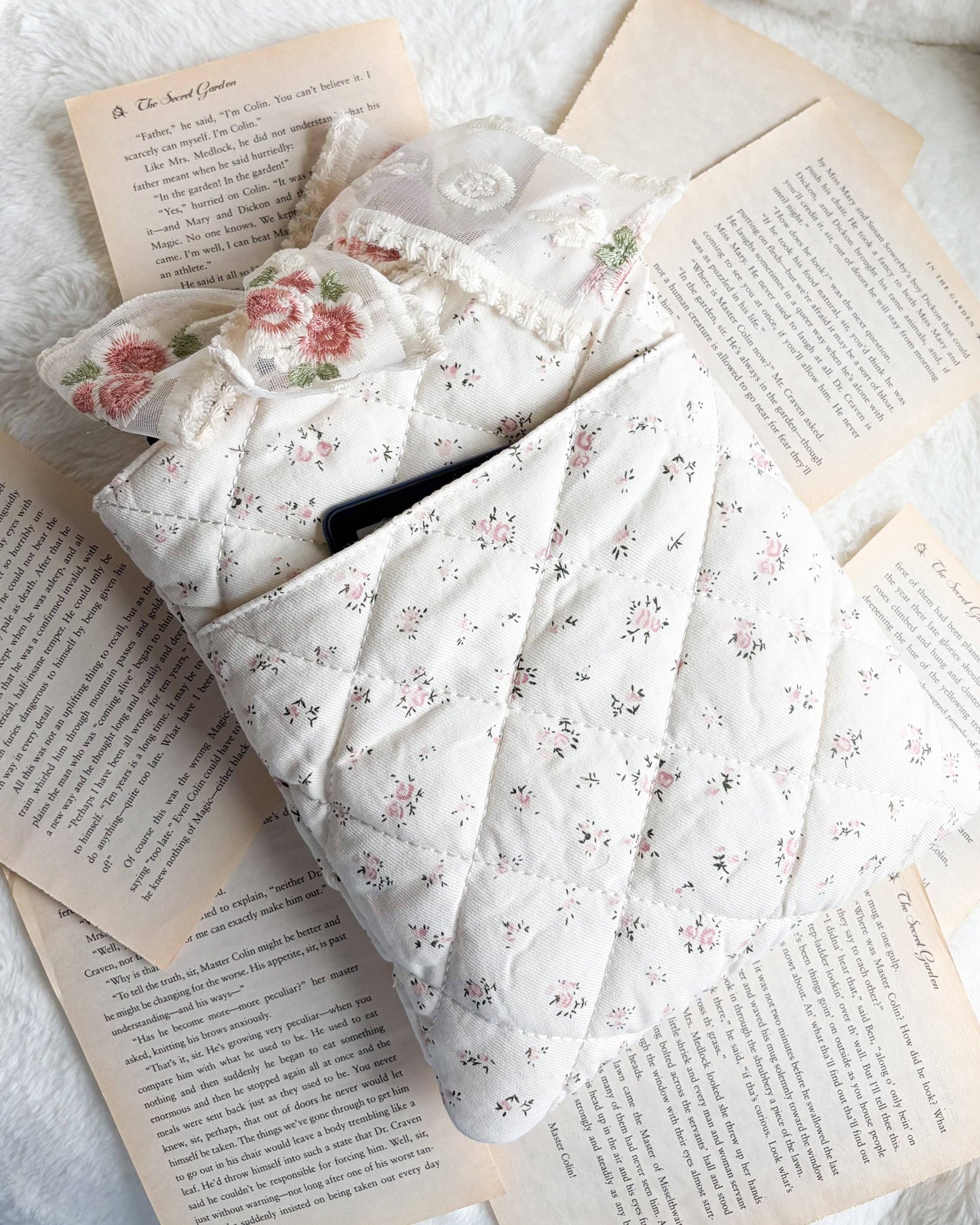 Floral Cotton Book Sleeve with Lace Ribbon Bow Knot