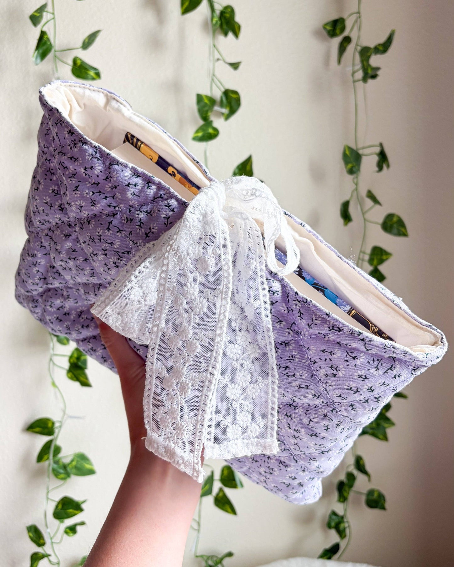 Lavender Quilted Book Sleeve with Lace Ribbon | Bible, Hardcover & Laptop Sleeve