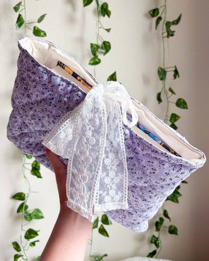 Lavender Quilted Book Sleeve with Lace Ribbon | Bible, Hardcover & Laptop Sleeve