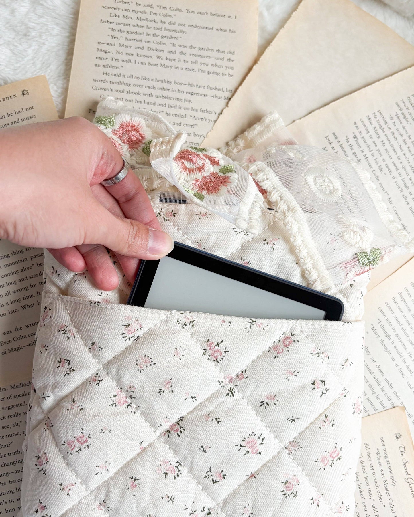 Floral Cotton Book Sleeve with Lace Ribbon Bow Knot