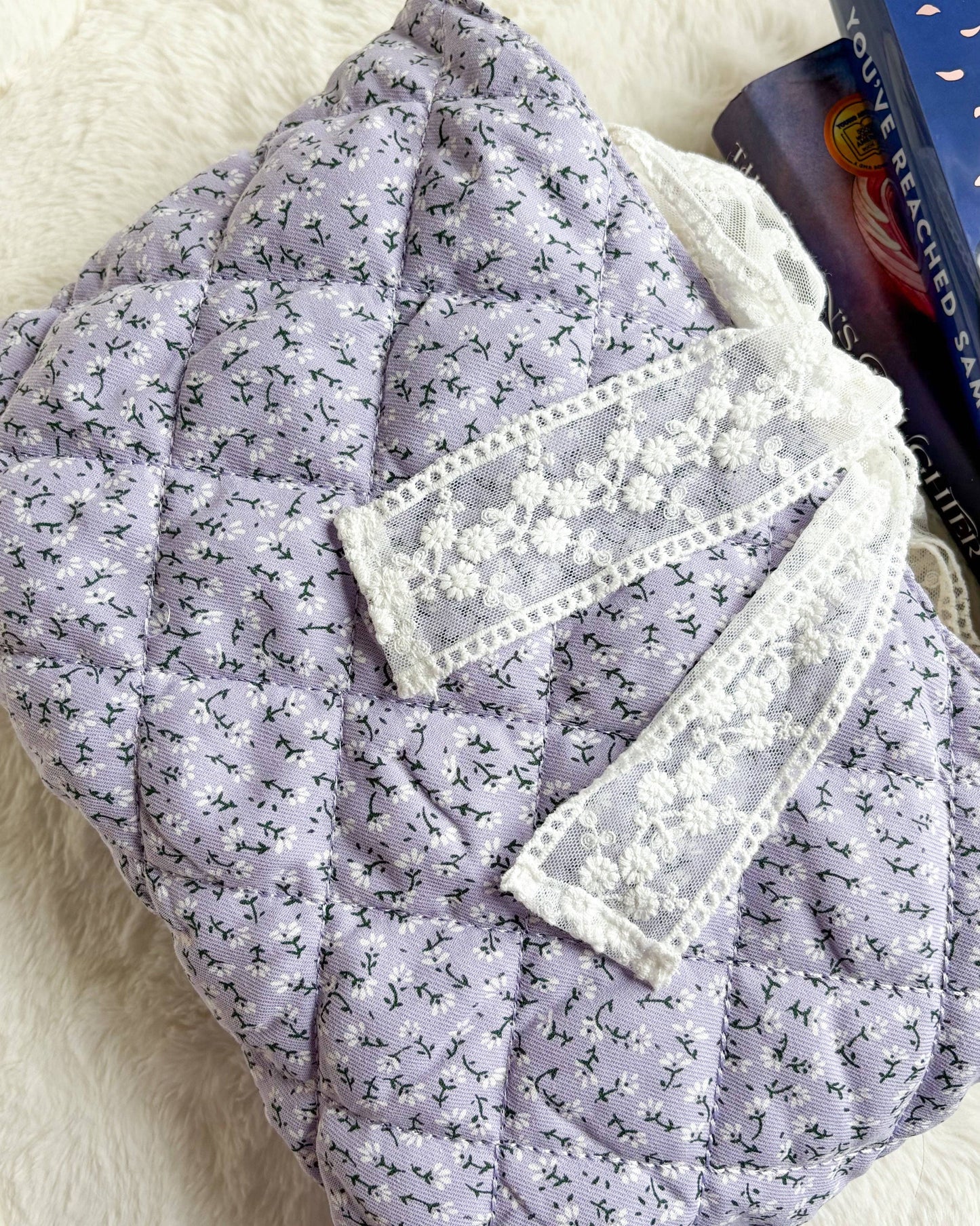 Lavender Quilted Book Sleeve with Lace Ribbon | Bible, Hardcover & Laptop Sleeve