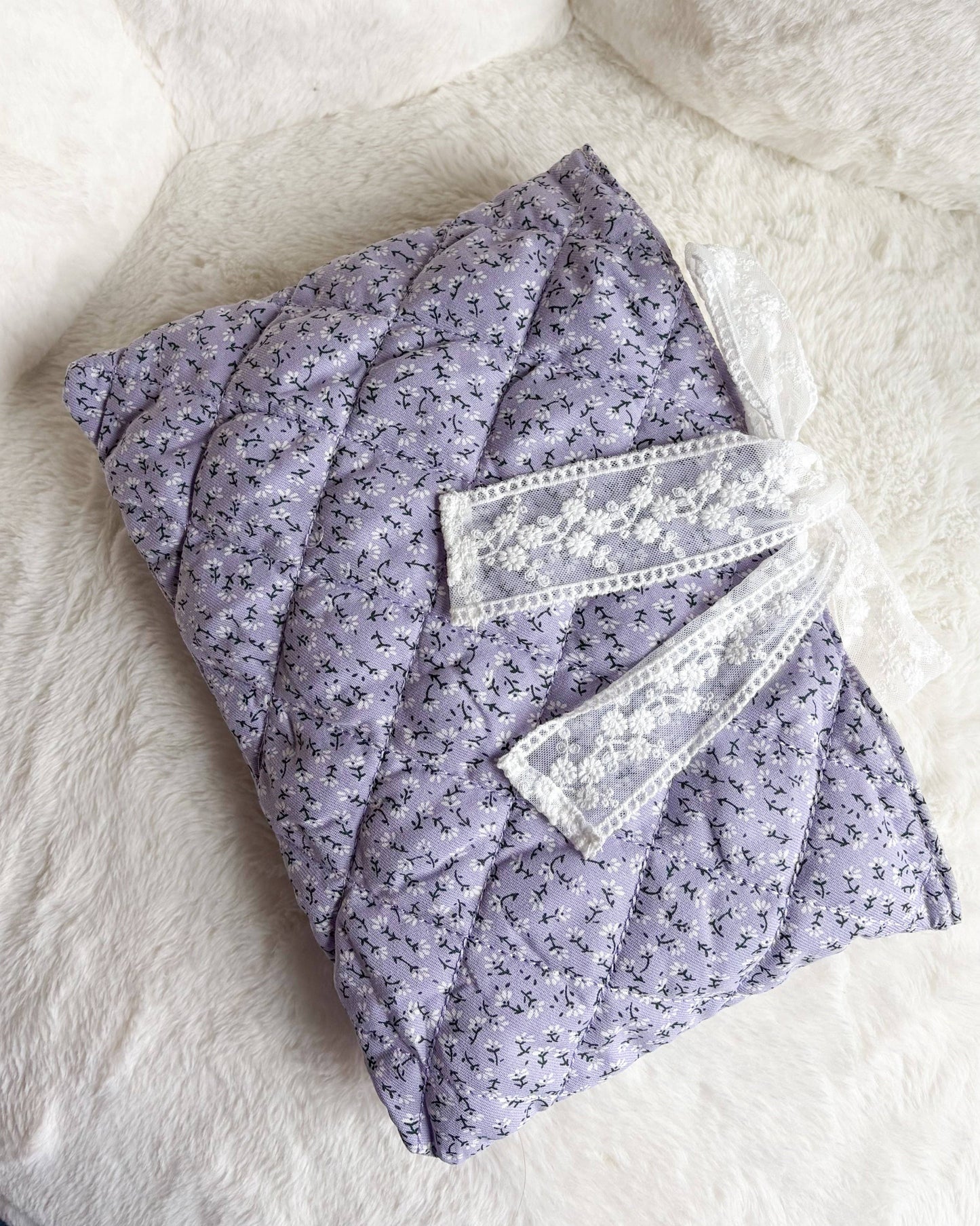 Lavender Quilted Book Sleeve with Lace Ribbon | Bible, Hardcover & Laptop Sleeve
