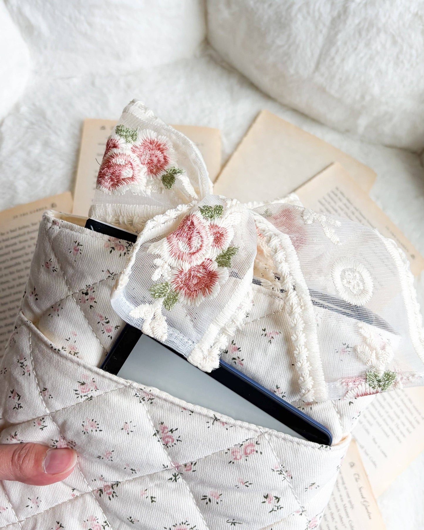 Floral Cotton Book Sleeve with Lace Ribbon Bow Knot