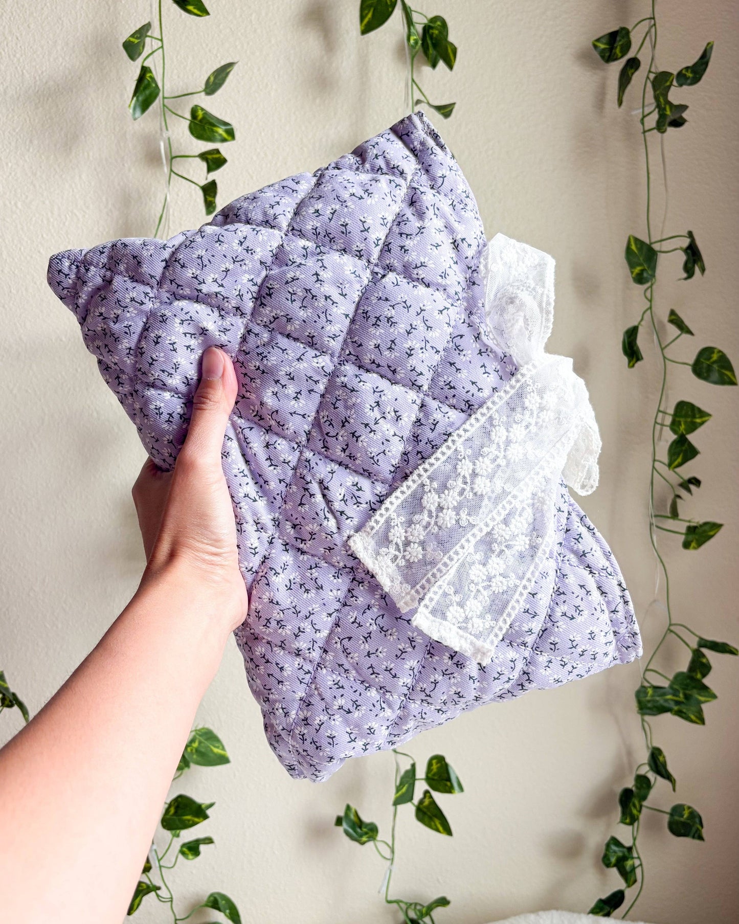 Lavender Quilted Book Sleeve with Lace Ribbon | Bible, Hardcover & Laptop Sleeve