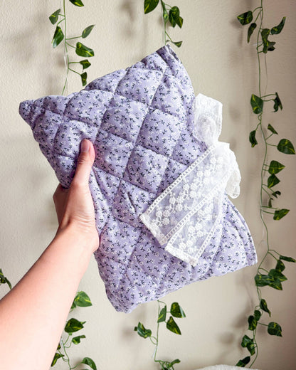Lavender Quilted Book Sleeve with Lace Ribbon | Bible, Hardcover & Laptop Sleeve