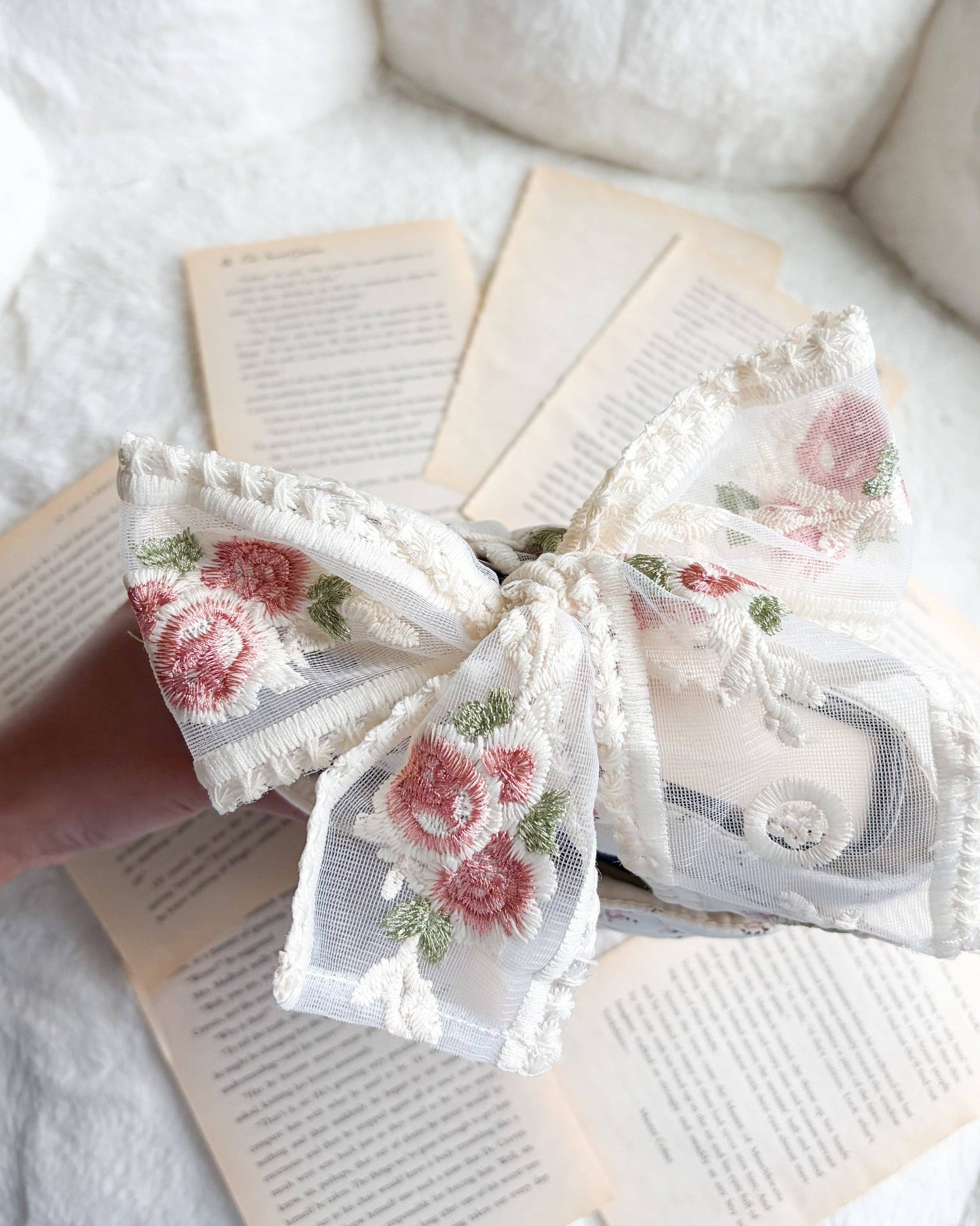 Floral Cotton Book Sleeve with Lace Ribbon Bow Knot
