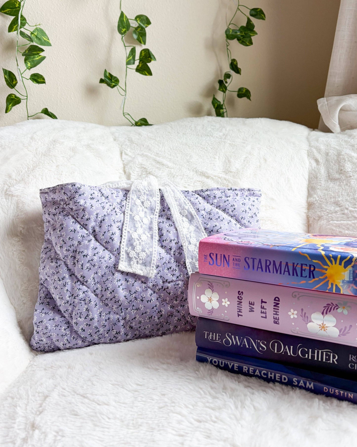 Lavender Quilted Book Sleeve with Lace Ribbon | Bible, Hardcover & Laptop Sleeve