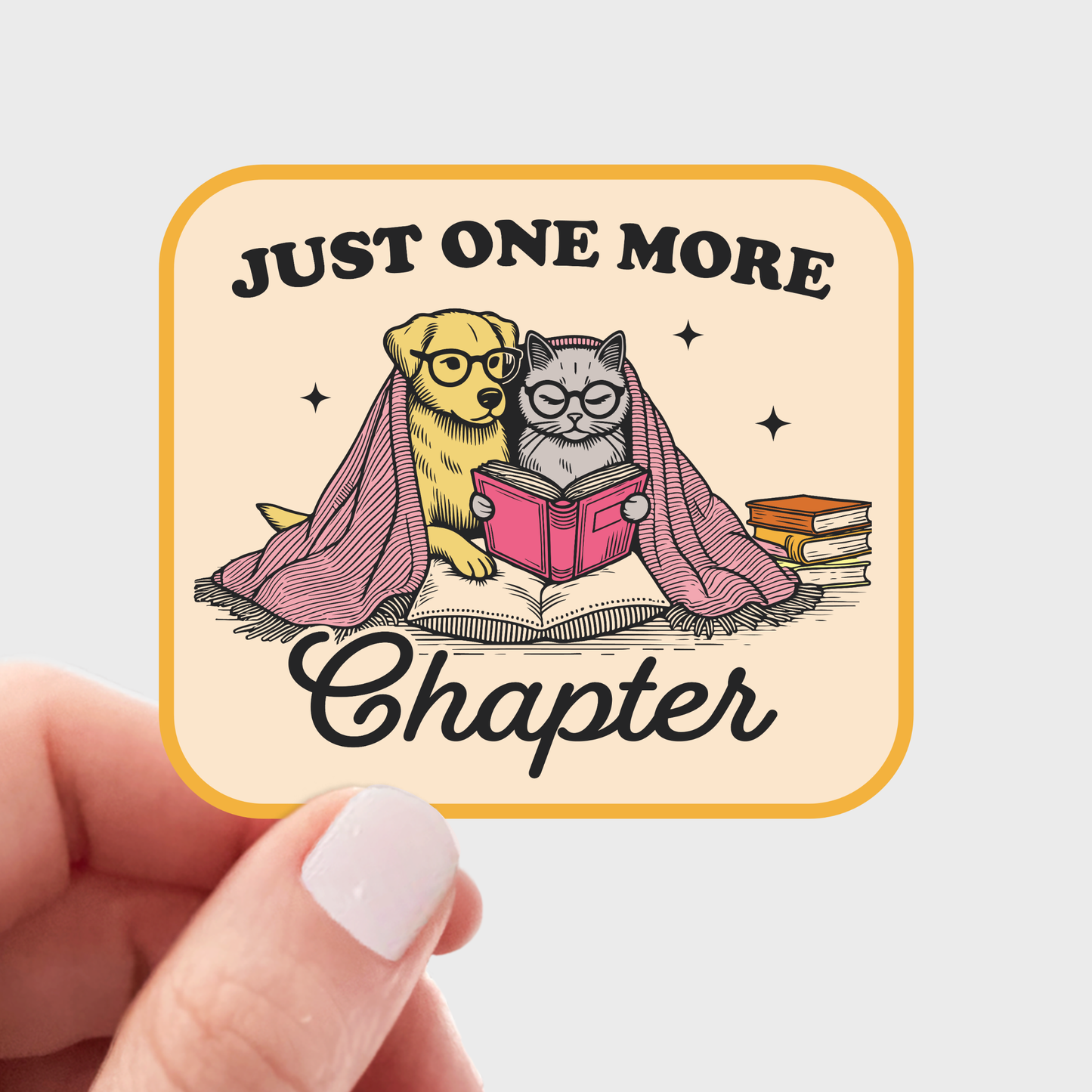 Just One More Chapter Sticker - books, bookshop, dog, cat