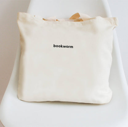 Minimalist Bookworm Embroidered Tote Bag Heavy Cotton Canvas