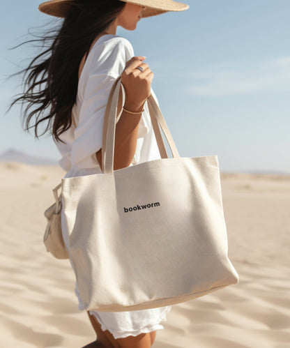 Minimalist Bookworm Embroidered Tote Bag Heavy Cotton Canvas